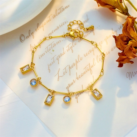 Bracciale da Donna in Acciaio al Titanio con Strass Minimalista Placcato Oro Geometrico Tondo Rettangolare Bracciale a Catena Gioielli