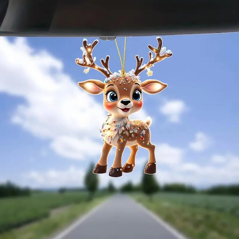 Christmas Reindeer Hanging Ornament Acrylic With Led String Lights Cartoon Car Rearview Mirror Home Decor Festive Gift
