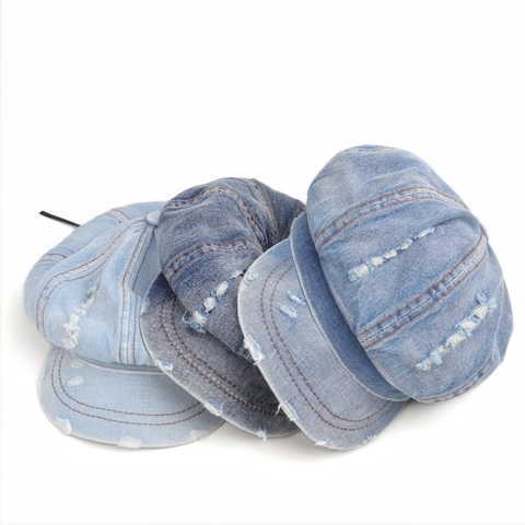 Women Distressed Washed Denim Newsboy Cap Retro Solid Color Ripped Octagonal Painter Hat For Casual Fashion