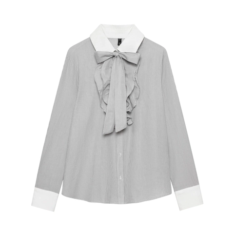 Women Striped Long Sleeve Blouse Polyester Contrast Collar Bow Tie Ruffle Trim Elegant Fashion Shirt
