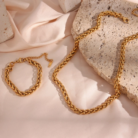 Ensemble Collier Et Bracelet En Acier Inoxydable Plaqué Or 18K Rétro Chaîne Panier Tissée Pour Femme Bijoux Mode Commutateur