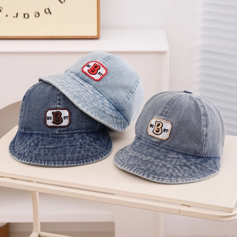 Kinder Vissershoed Denim Katoen Geborduurde Letter Brede Rand Verstelbaar Winddicht Peuter Baby Zonbescherming