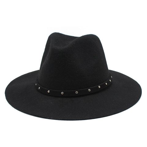 Vintage Wool Fedora Hat Wide Brim Flat Silver Studded Band British Style Jazz Cap For Men Women