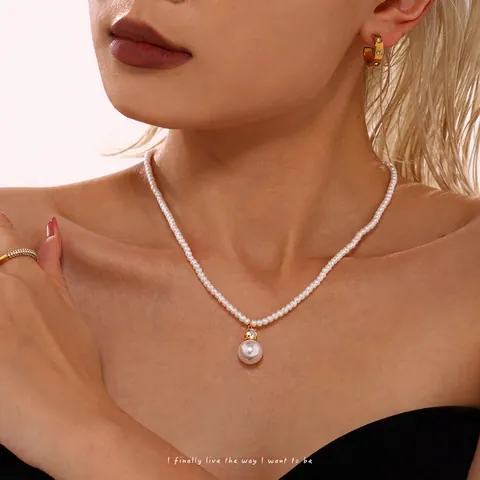 Collar Con Colgante De Perla Artificial De Concha Elegante Francés De Acero Inoxidable Chapado En Oro Zircón Cadena De Clavícula Para Mujer