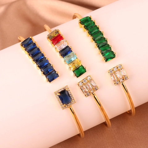 Trendy Kleurrijke Zirkonia Open Armband 18K Verguld Koper Regenboog Zirkoon Bangle Voor Dames Verstelbare Luxe Stijl