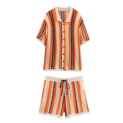 Top Polo Maniche Corte Maglia Crochet Righe E Pantaloncini Coulisse Donna Traspirante Ajouré Streetwear Vacanze