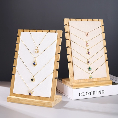 Necklace Display Stand Bamboo Wood Velvet And Leather Storage Board With Sawtooth Grooves Detachable Desktop Organizer