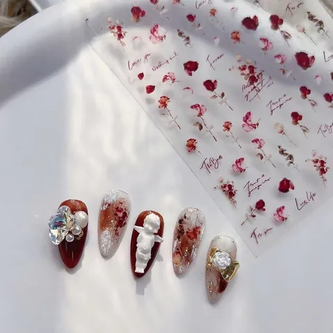 5D Selbstklebende Nagelsticker Dünne Aquarell Rose Blume Vintage Transparente Aufkleber Für Frauen DIY Maniküre