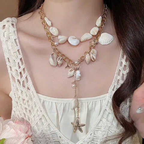 Bohemian Multi Layer Necklace Gold Alloy With Shell Conch Starfish And Imitation Artificial Pearl Beach Vacation Style Women