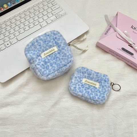 Plush Faux Fur Leopard Print Storage Pouch Portable Cosmetic Bag Sanitary Napkin Organizer Coin Purse For Women Girls