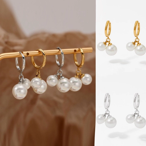 Pendientes De Aro Con Doble Perla Artificial Acero Inoxidable Chapado En Oro De 18K Impermeable Anti Alergia Elegante Mujer