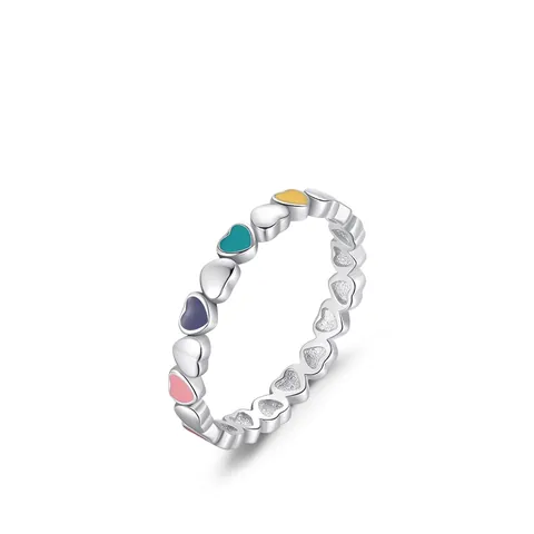 925 Sterling Silver Heart Ring With Colorful Enamel Rainbow Sweet Korean Style Jewelry Accessory For Women