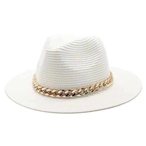 Chapeau Fedora En Paille Protection Solaire Respirant Plage Décoration Chaîne Métallique Élégante Homme Femme