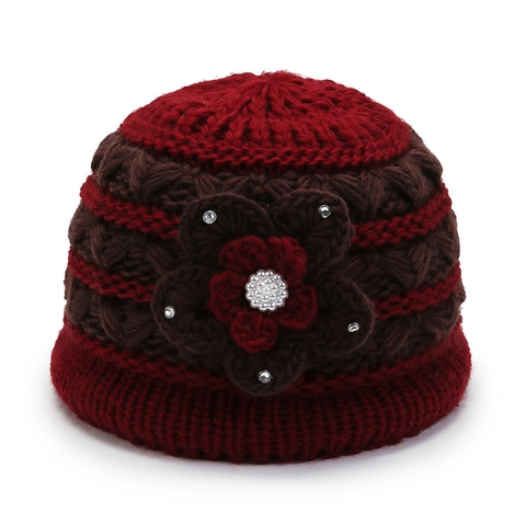 Elderly Women Winter Knit Beanie Hat Thickened Fleece Lined Warm Bucket Hat With Flower Pearl Rhinestone Decoration Gift For Mother