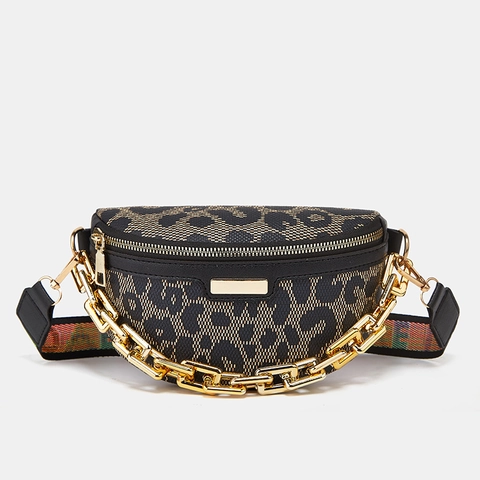 Bolso de Pecho para Mujer a la Moda con Estampado de Leopardo y Cadena Dorada Grande Riñonera de Cuero PU Correa de Letras Colorida