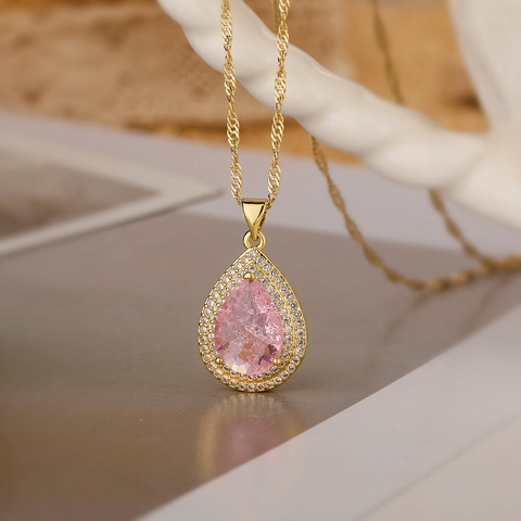 Minimalist Copper Zirconia Water Drop Pendant Necklace For Women Light Luxury Gold Plated Twist Chain Clavicle Chain Jewelry