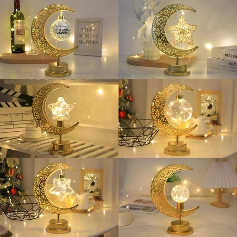 LED Crescent Moon Lamp Iron Hollow Star Hanging Night Light Hemp Rope Decorative Desk Atmosphere Lamp For Bedroom Home