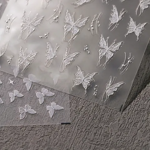 3D Embossed Nail Art Stickers Butterfly Design White Silver Relief Adhesive Decals For DIY Manicure Elegant Decor