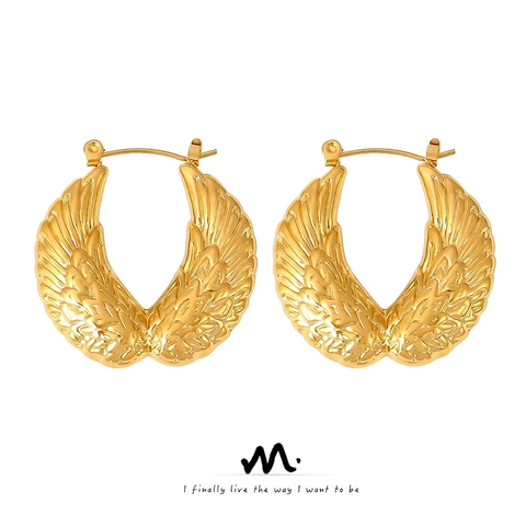 Pendientes De Aro Con Alas De Ángel Acero De Titanio Chapado En Oro De 18K Textura De Pluma Joyería Mujer