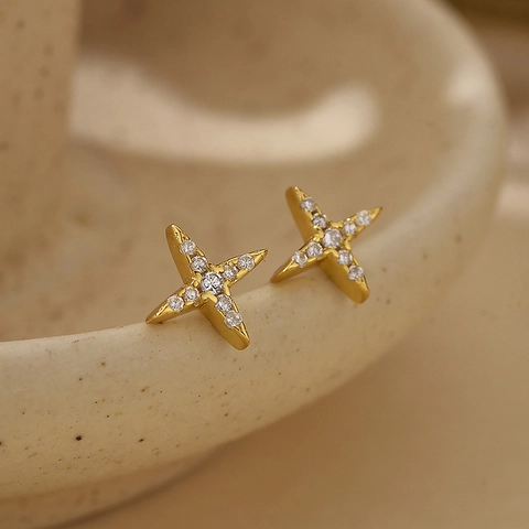 925 Argento Sterling Stella Croce Orecchini a Bottone Donna Piccoli Oro Argento Galvanico Strass Semplici Gioielli Moda Orecchino