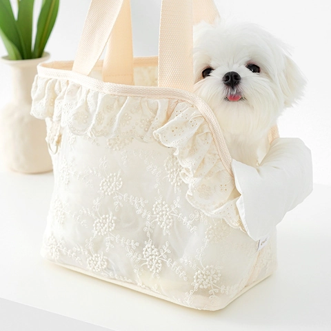 Pet Travel Carrier Bag Lace Embroidery Breathable Portable Handbag Shoulder Bag Small Dog Cat Cream White French Style
