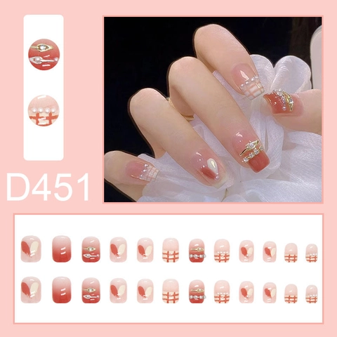 Ψεύτικα Νύχια Checkerboard Heart Artificial Pearl Jelly Pink Brick Red Γαλλικό Στυλ Με Κόλλα Πολλαπλά Μεγέθη Κομψά Γλυκά