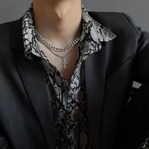 Gelaagde Ketting Met Kruis Hanger Titanium Staal Cubaanse Schakel Legering Hip Hop Punk Uniseks Sieraden