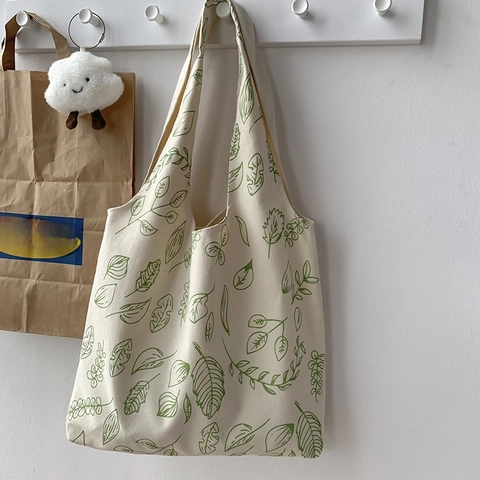 Damen Canvas Tote Bag Große Kapazität Handtasche Schultertasche Blumen Blatt Print Casual Umweltfreundliche Einkaufstasche