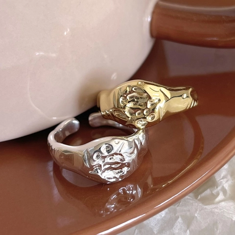 925 Sterling Silver Ring Irregular Molten Lava Texture Minimalist French Style Adjustable Open Band Jewelry Women