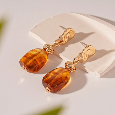 Vintage Irregular Geometric Drop Earrings Alloy Acrylic Amber With 925 Sterling Silver Earring Post For Women