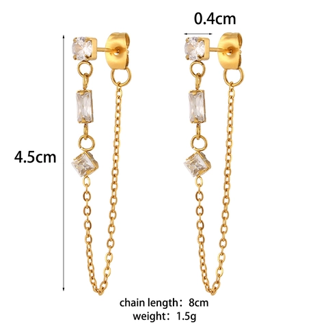 Stainless Steel Zirconia Geometric Round Heart Square Chain Drop Earrings Gold Plated Tassel Fashion Jewelry For Women