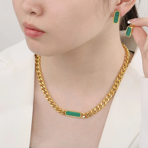 Collar Y Pendientes De Acero Inoxidable Joyería Chapado En Oro Colgante Rectangular Malaquita Concha Cadena Cubana Moda Mujer