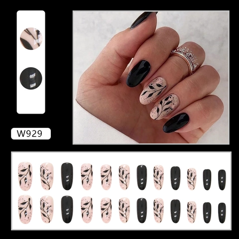 Uñas Postizas Ovaladas Medianas Largas Brillantes Negro Rosa Diseño De Silueta De Hoja Arte De Salpicaduras De Tinta Mujeres