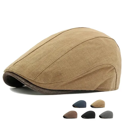 Vintage Flat Cap Cotton Linen Breathable British Style Newsboy Hat With Leather Trim Brim Adjustable For Men Women