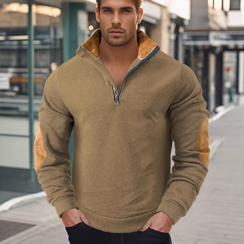 Men Quarter Zip Sweatshirt Spandex Polyester Brushed Fleece Stand Collar Long Sleeve Contrast Elbow Patches Casual Pullover