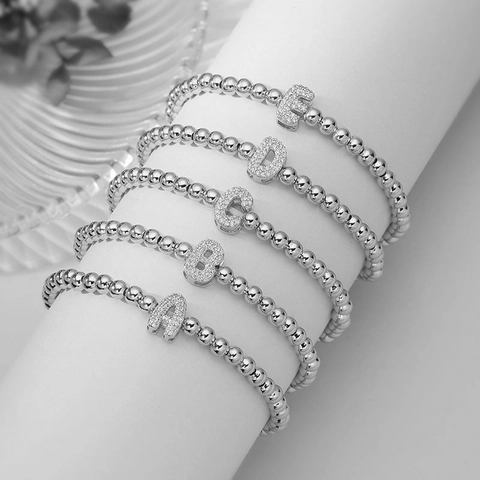 Letter Pendant Bead Bracelet Copper Micro Paved Zirconia Initial Name Charm Puffy Alphabet Round Beads Jewelry For Women