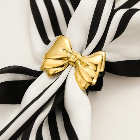 Elegant Bow Knot Scarf Buckle And Ring Titanium Steel Gold Plated Dual Use Minimalist Fashion Accessory For Women