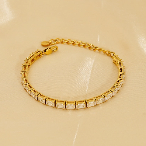 Tennis Bracelet Stainless Steel 18K Gold Plated Rectangle Zircon Geometric Elegant Wrist Accessory For Women