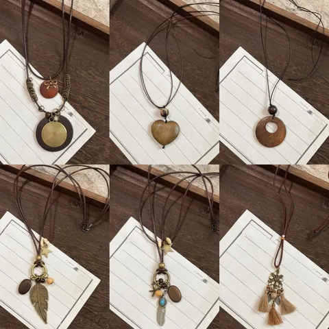Bohemian Long Sweater Chain Necklace With Wood Beads Alloy Feather Tassel Floral Pendant Vintage Ethnic Style For Women