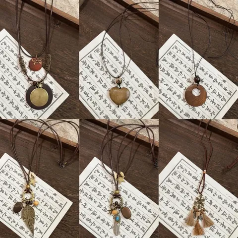 Collar Largo Bohemio Cadena Para Suéter Con Cuentas De Madera Aleación Pluma Borla Colgante Floral Estilo Étnico Vintage Mujer