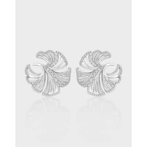 Orecchini a Bottone in Argento Sterling S925 a Foglia di Ginkgo Design Traforato Minimalista Intarsiato con Zirconia Gioielli per Donna