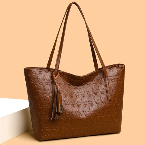 Bolso Tote Grande Para Mujer Con Relieve De Calavera Cuero PU Bolso De Hombro De Mano Con Borla Para El Diario