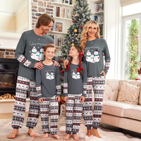 Pigiama Natalizio Famiglia Maglia Pupazzo Di Neve E Pantaloni Renna Nordica Manica Lunga Poliestere Grigio