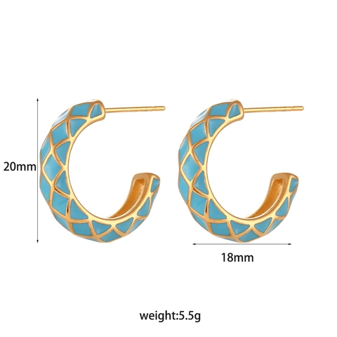 C-Shaped Stud Earrings Stainless Steel 18K Gold Plated Enamel Grid Pattern Geometric Chic Fashion Jewelry For Women