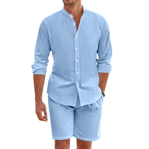 Chemise Et Short Décontractés Homme Mélange De Lin Col Officier Manches Longues Plage Été Respirant Minimaliste Coupe Large