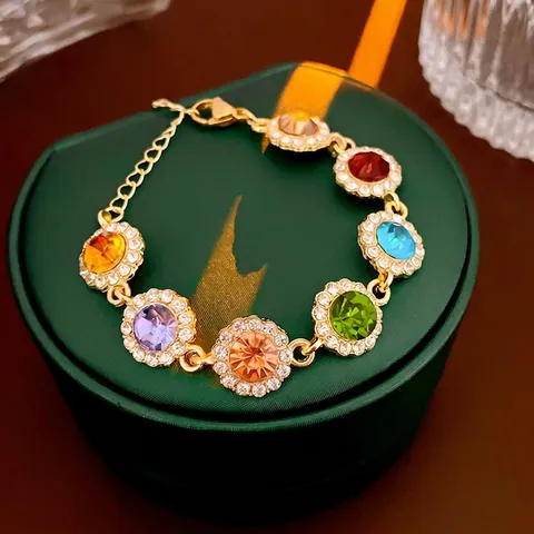 Colorful Rhinestone Round Cluster Bracelet Alloy Zircon Flower Bangle For Women Adjustable Retro Luxury Jewelry Style