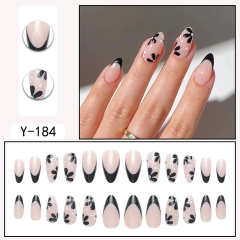 Faux Ongles Amande Press On Noir French Tip Motif Fleur De Marguerite Base Rose Nude Longs Ongles Artificiels Chic