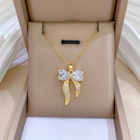 Collana Con Ciondolo A Fiocco E Cuore Per Donna Con Catena In Acciaio Inossidabile E Zirconi In Rame Micro Pavè Stile Elegante