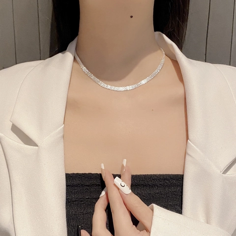 925 Sterling Silver Necklace Mesh Braided Flat Snake Bone Chain Minimalist Ins Style High Polished Jewelry Women