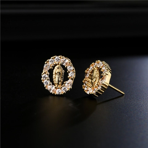 Maagd Maria Religieuze Oorknopjes Verguld Koper Ovaal Reliëf Micro Pave Zirkonia Retro Etnische Sieraden Voor Vrouwen